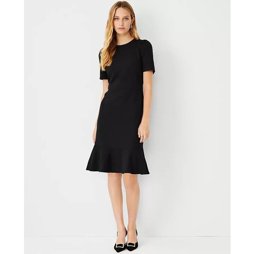 Leslie Fay Puff Sleeve Flounce Sheath Short‎ Sleeve Midi Dress Black Women 12